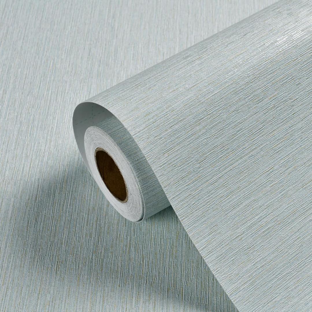 Haimin Grasscloth Wallpaper Peel and Stick 20.9in X 393in Fabric Contact Paper Wall Paper Textured Wallpaper Horizontal Stripes Look Self-Adhesive Thick Vinyl Embossed (Light Blue)