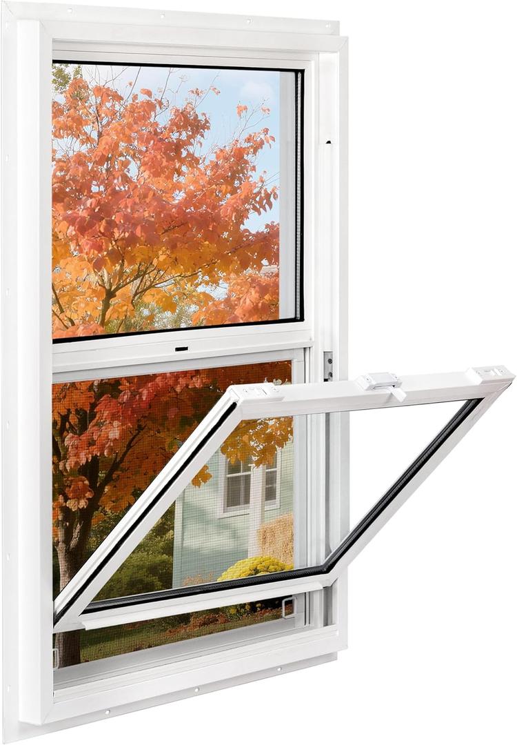 Vinyl Single Hung Sliding Window, 24" x 38" Household Window with Double-Pane Insulated Tempered Glass, White Energy-Efficient Soundproof Window for House, Mobile Home
