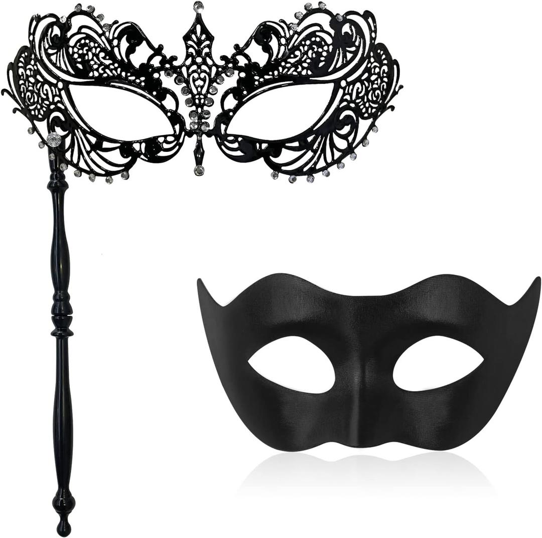 FunMular Couple Masquerade Mask with Stick Metal Masks Halloween Venetian Costume Mardi Gras Mask for Women & Men (Black)