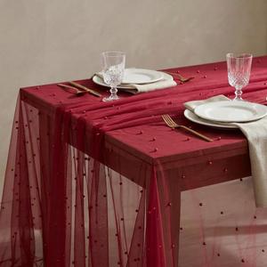 Horaldaily Burgundy Pearl Gauze Tablecloth, 60×84 Inch Rectangular, Spring Summer Tulle Lace Cheesecloth, Bridal Shower Table Cover for Wedding Birthday Table Decor