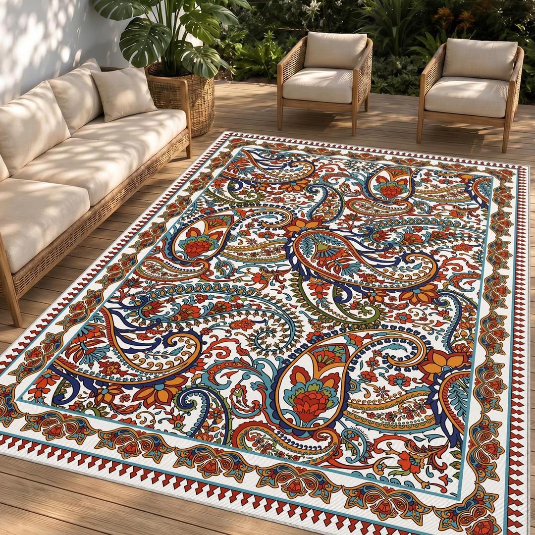 Arenarug Paisley Waterproof Outdoor Rug 5x8, UV Resistant, White Multi
