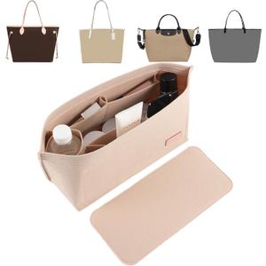 Doxo Purse Organizer Insert for Handbags & Base Shaper 2pc Set,Felt Organizer Insert Large Tote,Bag Organizer with Zipper 5 Sizes,Fit Speedy Neverfull MM/City33 and More(Beige-L-Combination)