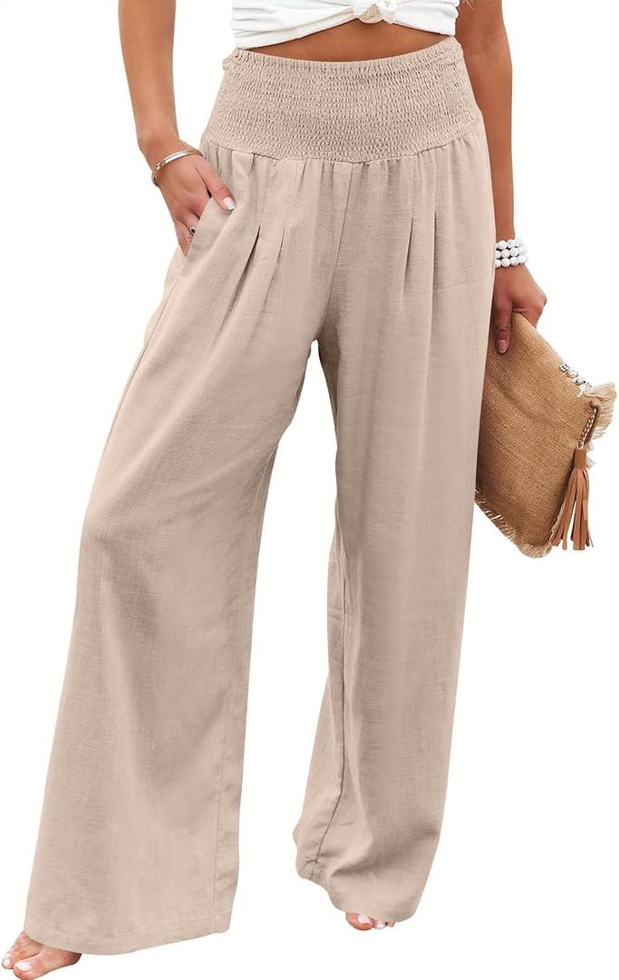 ANRABESS Women Linen Palazzo Pants Summer Boho Wide Leg High Waist Casual Lounge Pant 2026 Beach Travel Vacation Outfits, Small