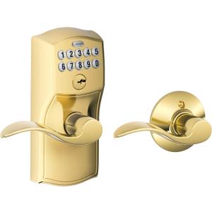 Schlage FE575 CAM 505 ACC Camelot Keypad Lock with Accent Lever, Auto-Lock, Electronic Keyless Entry, Bright Brass