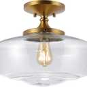 JONATHAN Y 14" Brass Gold Modern Farmhouse LED Flush Mount Light Fixture, Clear Glass Shade, Rustic Industrial Schoolhouse Lamp for Kitchen Hallway Bedroom (JYL7517B)
