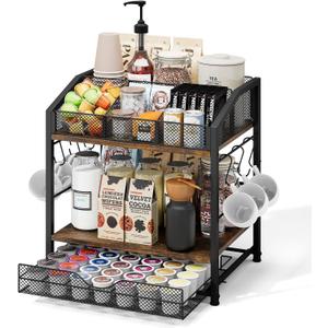 Homsorout Coffee Bar Organizer - Countertop Coffee Station, 42 K Cup holder Storage Basket with Drawer and Hooks for Syrup, Cups, Stirrer, Condiment, Tea Organizer, Black and Brown