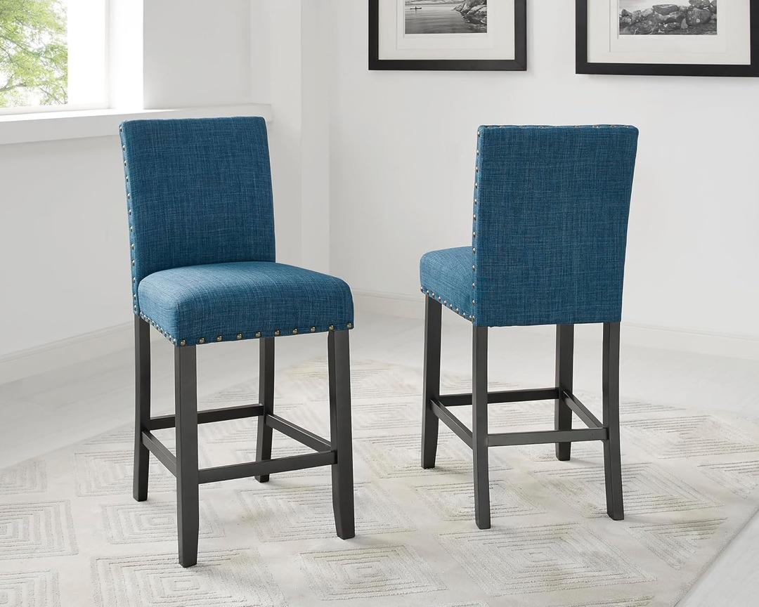 Biony Blue Fabric Counter Height Stools with Nailhead Trim, Set of 2