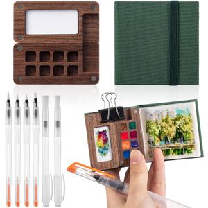Qilery Mini Portable Watercolor Palette Set Wooden Grid Paint Box Watercolor Paper Sketch Book Brush Pens with Binder Clip for Painters Artist Not Include Paint(Pine Green)