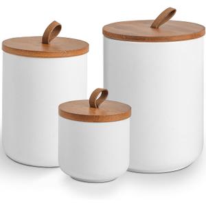 White Ceramic Canister Set with Bamboo Lids, 3-Piece Airtight Food Storage Jars for Kitchen - Flour, Sugar, Coffee, Tea, Spice - Small, Medium, Large Sizes