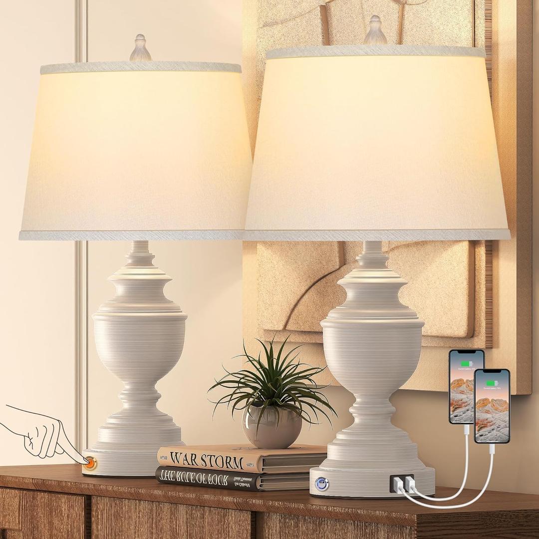 Table Lamps Set of 2, Modern Farmhouse Nightstand Lamp with USB Ports, 3-Way Dimmable Touch Control Washed White Bedside Lamps with Off-White Linen Shade for Bedroom Living Room, Bulbs Included