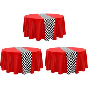 Oudain Cars Birthday Racing Party Supplies - Round Tablecloth, Checkered Flag Table Covers, Road Plastic Table Cloth for 1950s Disco Dancing (Red, 3 Pcs)