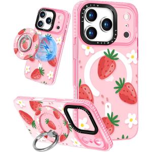 Lotadilo Case for iPhone 17 Pro Max Case Compatible with Magsafe Ring Holder Stand - for Women Strawberry Flower Design TPU Phone Cover for Girls Girly Funny Fashion