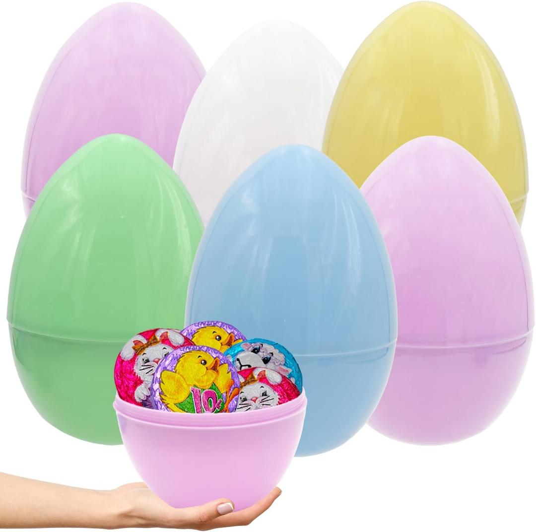The Dreidel Company Jumbo Fillable Easter Eggs, Pastel Colorful Bright Plastic Easter Eggs with Hinge, Perfect for Easter Egg Hunt, Surprise Egg, Easter Hunt, 6" Fillable Eggs (12-Pack)