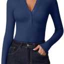 QINSEN Womens Long Sleeve Shirts Henley Casual Fall Outfits Fitted Cotton Tops Ribbed Fashion Cute Basic Tees, Estate Blue, XL