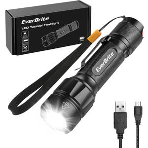 EverBrite LED Tactical Flashlight, Rechargeable Flashlight 750 Lumens with Lanyard & Clip, 6 Modes (High/Medium/Low/Strobe/SOS/Turbo), for Camping, Hiking, Emergency, Survival Use
