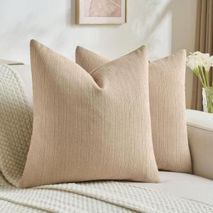 FUTEI Pack of 2 Solid Chenille Throw Pillow Covers 20x20 Inch Soft Cozy Wheat Ear Striped Textured Decorative Cushion Cases Modern Farmhouse Accent for Couch Bed Living Room, Khaki