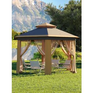 Garveelife Pop Up Gazebo 13x13, 6 Sided Outside Canopy Tent with Mosquito Netting, One Push Setup for Backyard Patio Garden Activities - Khaki & Brown