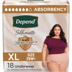 Depend Silhouette Adult Incontinence & Postpartum Bladder Leak Underwear for Women, Maximum Absorbency, Extra Large, Pink, 18 Count, Packaging May Vary