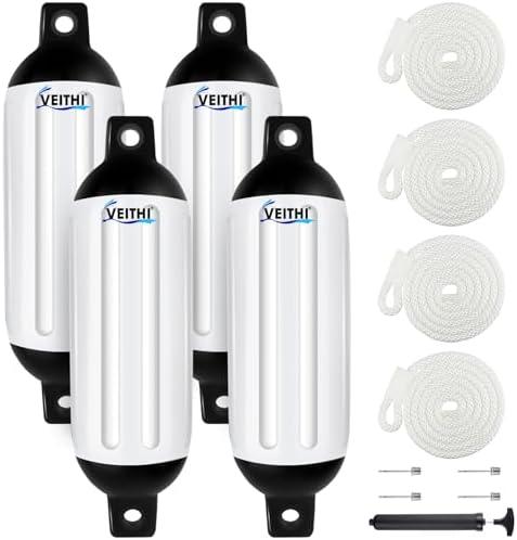 VEITHI 4.5/5.5/6.5/8.5/10/16 inch Boat Fenders 4 Pack,Ribbed Twin Eyes Vinyl Boat Bumpers Fenders,Boat Bumpers for Docking Come with Ropes Needles and Pump to Inflate