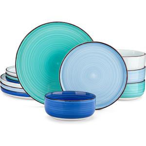 vancasso Bonita Blue Dinnerware Sets, Plates and Bowls Set for 4, 12 Pieces Stoneware Dinnerware Set, Dishwasher and Microwave Safe (12 Pieces(Service for 4))