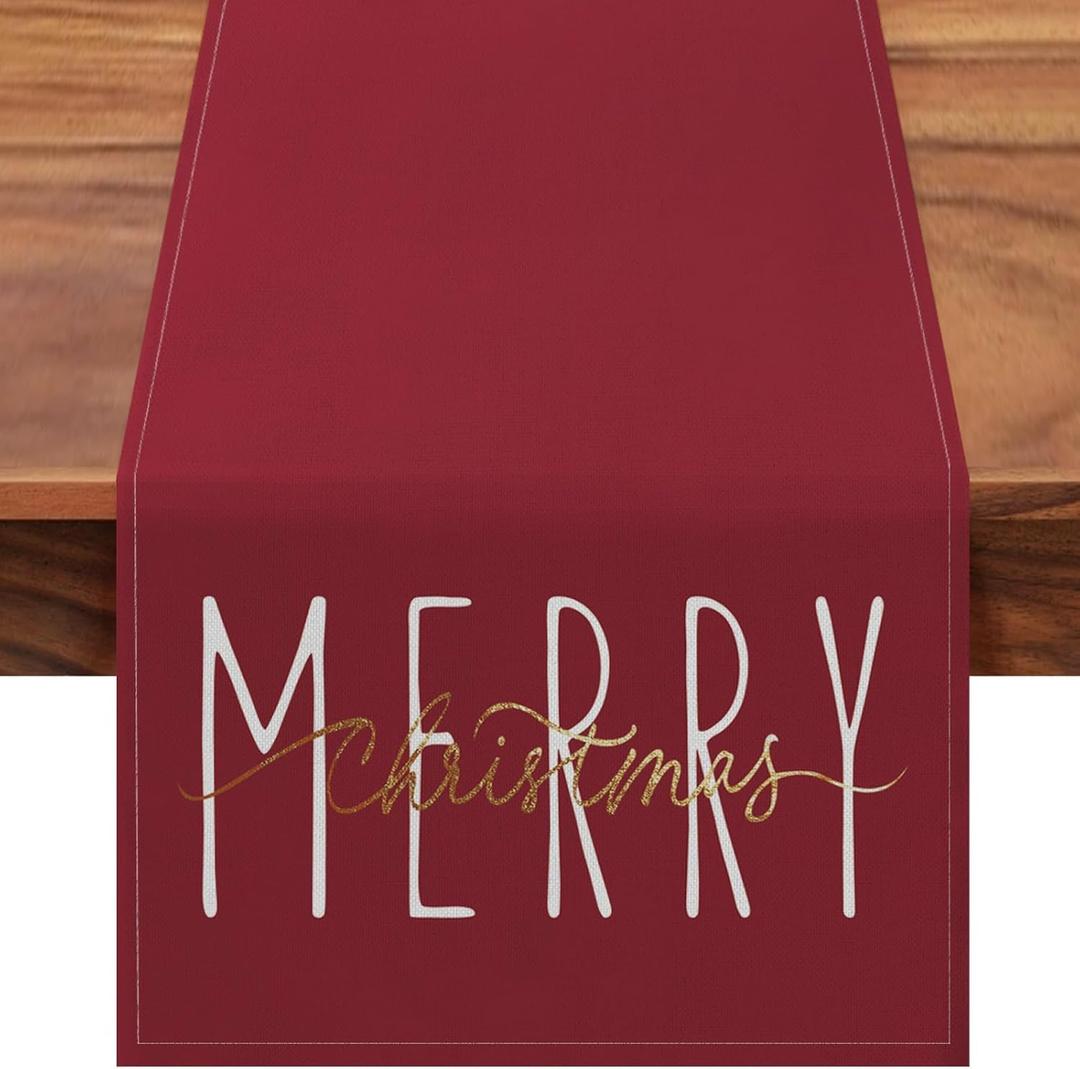 ONWAY Merry Christmas Gold Table Runner Winter Xmas Holiday Kitchen Dining Farmhouse Table Decor for Indoor Outdoor Home Party Decorations 13x72 Inch Red