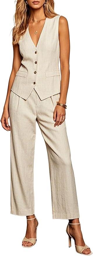 Women 2 Piece Outfit Summer Pinstripe Vest Set 2026 Business Casual Outfits, L