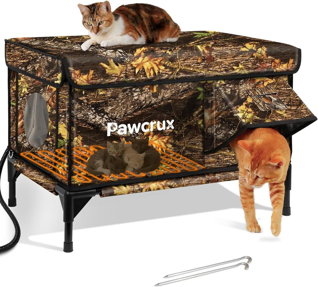 Weatherproof Heated Cat House for Outdoor in Winter, Heated Cat Bed Kitty Shelter with Cat Heating Pad, Insulated & Safe Escape Door, Warm House for Outside Stray Cat (Leaf Color, 17"x25"x17")
