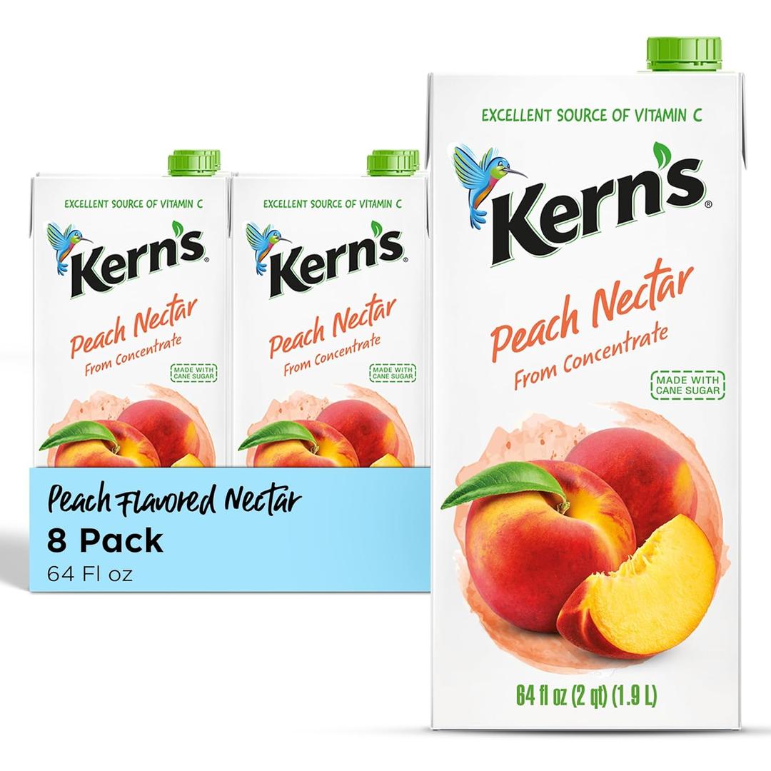 Kerns Peach Juice Nectar - Peach Nectar Made with Fresh Fruit Puree - Fruit Juice Concentrate for Smoothie Mix, Cocktail Mixers & Kids Drinks & Beverages - 64oz, 8 Pack Carton, BBD 2/11/2026