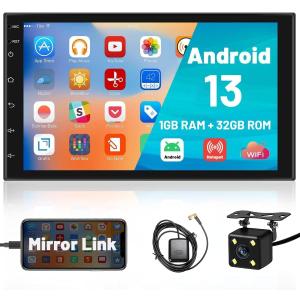 Hikity Android 13 Double Din Car Stereo 7 Inch Touch Screen Car Radio GPS Navigation WiFi Bluetooth FM Radio Mirror Link for iOS/Android Phones, with 12 Led Lights AHD Rear View Camera Mic