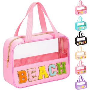 eurovicky Chenille Letter Patch Clear Makeup Bag | Preppy PVC & Nylon, Handle and Zipper, Waterproof, Large Travel Toiletry Bag, For Women (EXP 08/19/26)