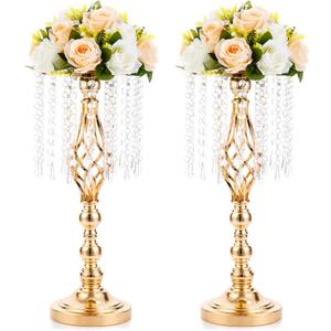 2 Pcs 19.3 inches Gold Centerpieces Table Tall Crystal Flowers Stand Wedding Road Lead Flower Holders Crystal Chandelier Metal for Reception Tables Supplies