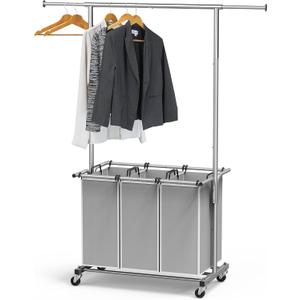 Simple Houseware 3 Bags Laundry Sorter with Extensible Clothes Hanging Rod