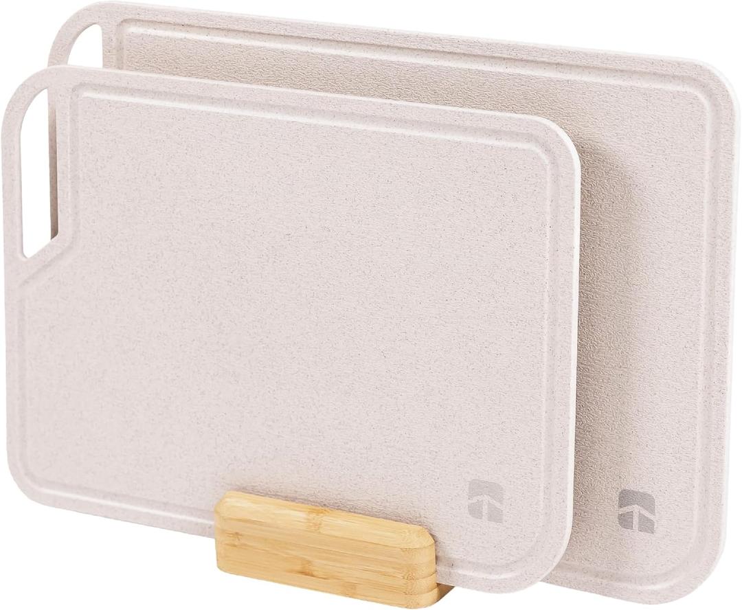 KitchenEdge Rice Fiber Cutting Board Set with Bamboo Stand for Cooking Prep, 2 Piece Kitchen Set, with Juice Grooves and Handles, (13.5x9.5, 15.5x11 in)