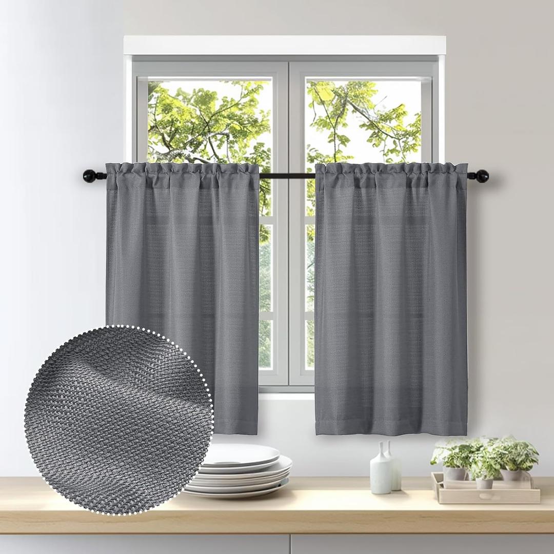 OWENIE Bob 2 Panels Dark Grey Kitchen Curtains Sets for Windows 36 Inch Length, Faux Linen Textured Short Cafe Curtains Tiers for Kitchen, Rod Pocket Small Window Drapes for Bathroom, 30Wx36L Inch