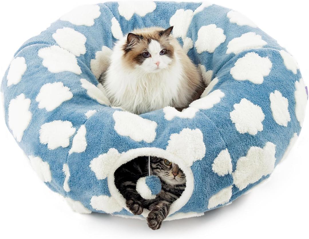 Lesure Cat Tunnel Bed for Indoor Cats - Cute Cat Donut Tunnel Toys for Small Large Cats with Washable Circle Cushion, Round Pet Peekaboo Cave Toy for Kitten/Puppy/Rabbit, Standard Cozy Clouds Blue