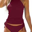 Women's Bathing Suit Solid Color Drawstring Side Halter Neck Tankini Set, Solid Black, Size: M