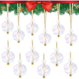 12PCS Crystal Glass Christmas Balls Ornaments, Kalolary 1.22" Mini Christmas Tree Crystal Ornament Xmas Hanging Decorative Prism Balls Ornament for Mini Desktop Christmas Tree DIY Craft (AB Color)