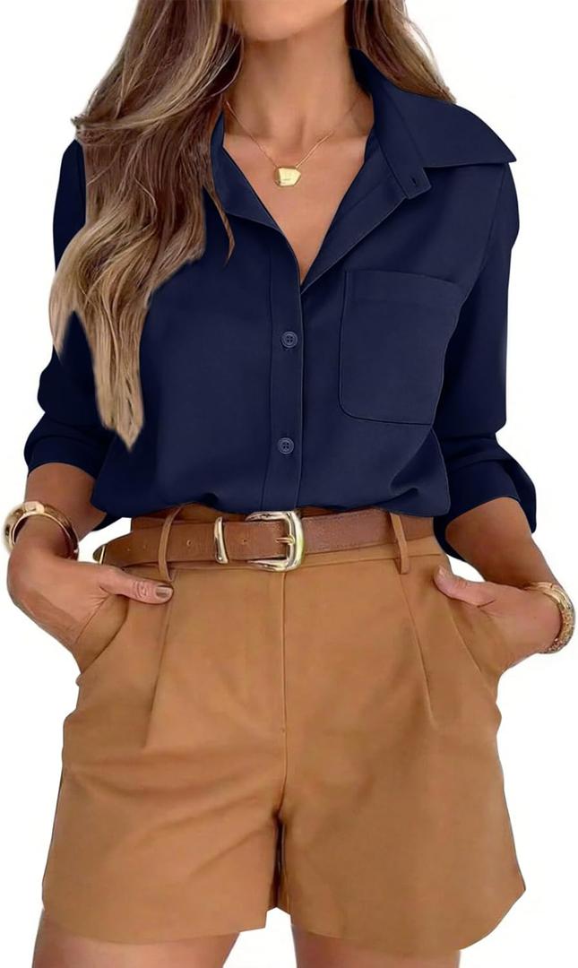 siliteelon Button Down Dress Shirts for Women Work Collared Blouse Tops (Blue, XL)