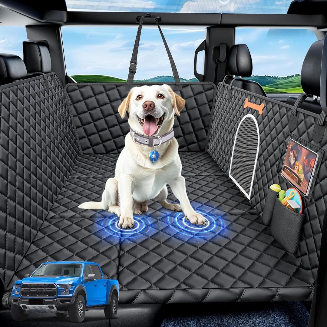 XXL Truck Back Seat Cover for Dogs, 450lb Support Hard Bottom Extender for 1-4 Large Dogs, 3Y Assurance, 100% Waterproof, Dog Car Bed Protector Hammock for Full Size Crew Cab Truck SUV (Black)