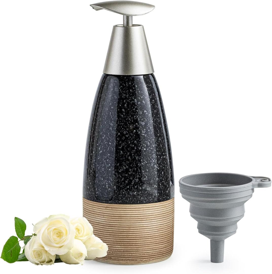 Ceramic Dish Soap Dispenser with 2 Pumps for Hand Soap, Shampoo, Lotion, Conditioner, 12 oz Refillable Soap Bottle with Silicone Funnel for Mother's Day Bathroom & Kitchen, Black