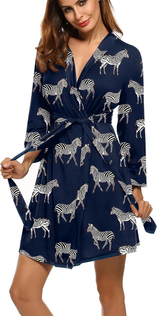 HOTOUCH Womens Robe Lightweight Short Knit Bathrobe Soft Ladies Sleepwear | Super Soft Knit Fabric,3/4 Sleeves with Elastic Cuffs,Two Side Pockets,Fixed Belt,Knee Length. (Blue, XS)