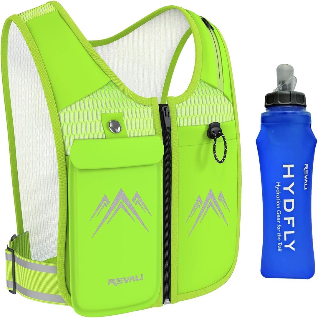 REVALI Running Vest, USA Original Patent, Zip Reflective Running Vests with 500ml Hydration Bottle, Adjustable Waistband & Breathable Material, Chest Pack Gear Phone Holder for Men & Women (Small-Medium, Yellow)