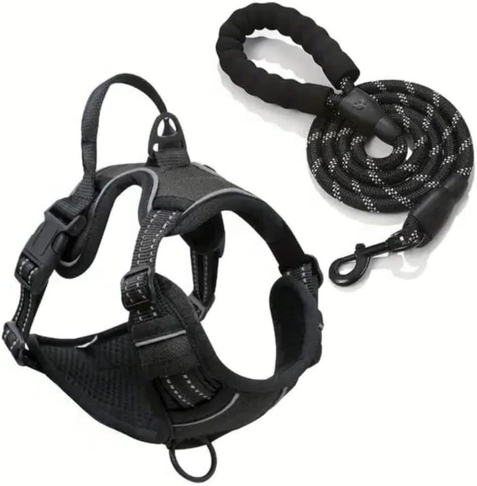 Dog Harness and Leash Set, Adjustable No-Pull Pet Vest with Matching Braided Rope Lead, Black, Red, Blue Colors, for Small Medium Large Dogs (Black, S)