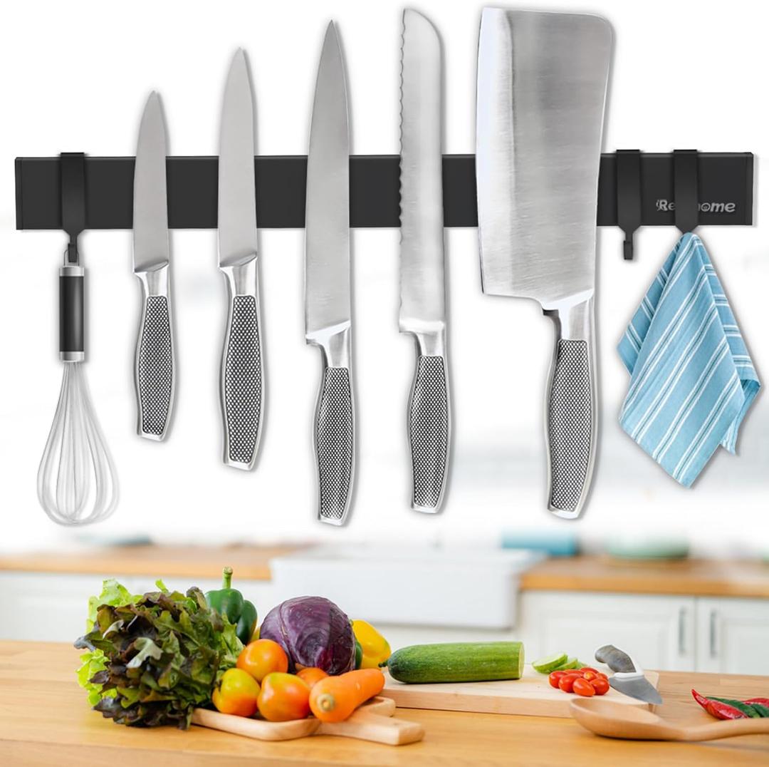 Magnetic Knife Holder for Wall 17 Inch, No Drilling black knife magnetic strip with 3 Hooks, Strong Magnet Knife Holder strip, Magnetic Knife Rack Bar for Kitchen Knives and Tools