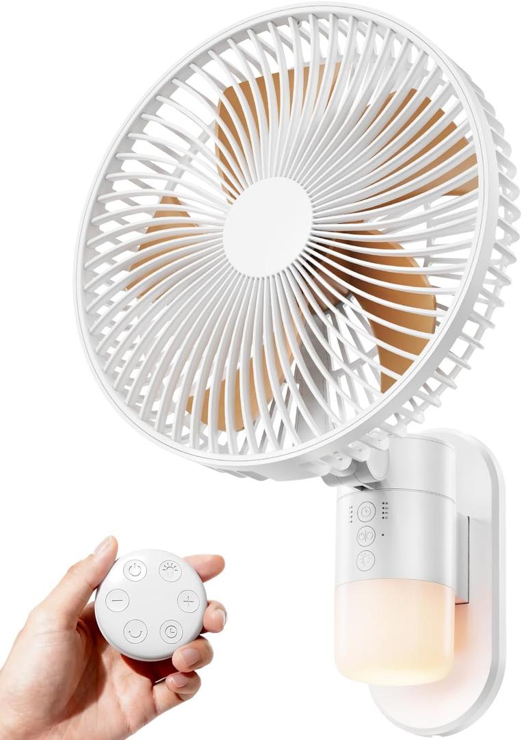 10 Small Wall Mount Fan with Light and Remote Control, RV FAN with Powerful Airflow,90 Oscillating, 4 Speeds, Timer, 180 Adjustable Tilt, for Home/RV, Bedroom, Small Space Applications