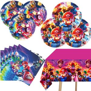 Mario Birthday Party Supplies, 10Pcs 9 Inch Plates, 10Pcs 7 Inch Plates, 20 Napkins and 1 Tablecloth, Mario Party Decorations