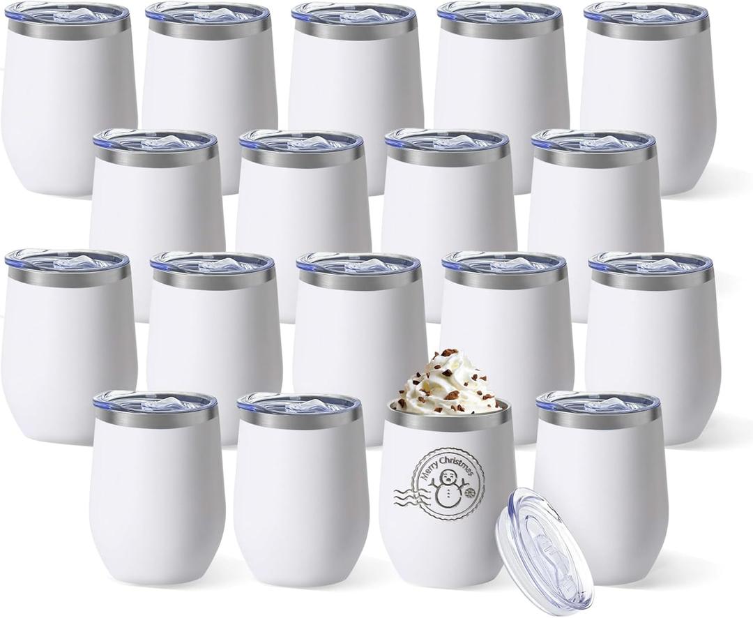 YOUKE OLA 18 Pack Stainless Steel Wine Tumbler with lid, 12oz Insulated Powder Coated Wine Tumbler Stemless Double Wall Vacuum Wine Glass Coffee Tumbler Bulk for Laser Engrave, DIY Gift, White