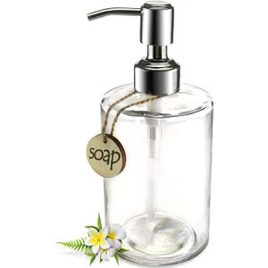 JASAI 16OZ Cylinder Glass Soap Dispenser with Rust Proof Stainless Steel Pump, Refillable Bathroom Soap Dispenser for Hand Soap, Dish Soap, Liquid Soaps and Kitchen (Clear)