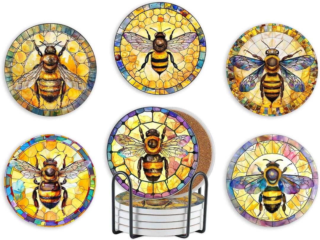 Bee Gifts Coaster, Ceramic, Set of 6, with Gift Box, Absorbent with Cork Base, Gifts for Bee Lovers, Home Decor for Housewarming, Thanksgiving, Birthday, Christmas