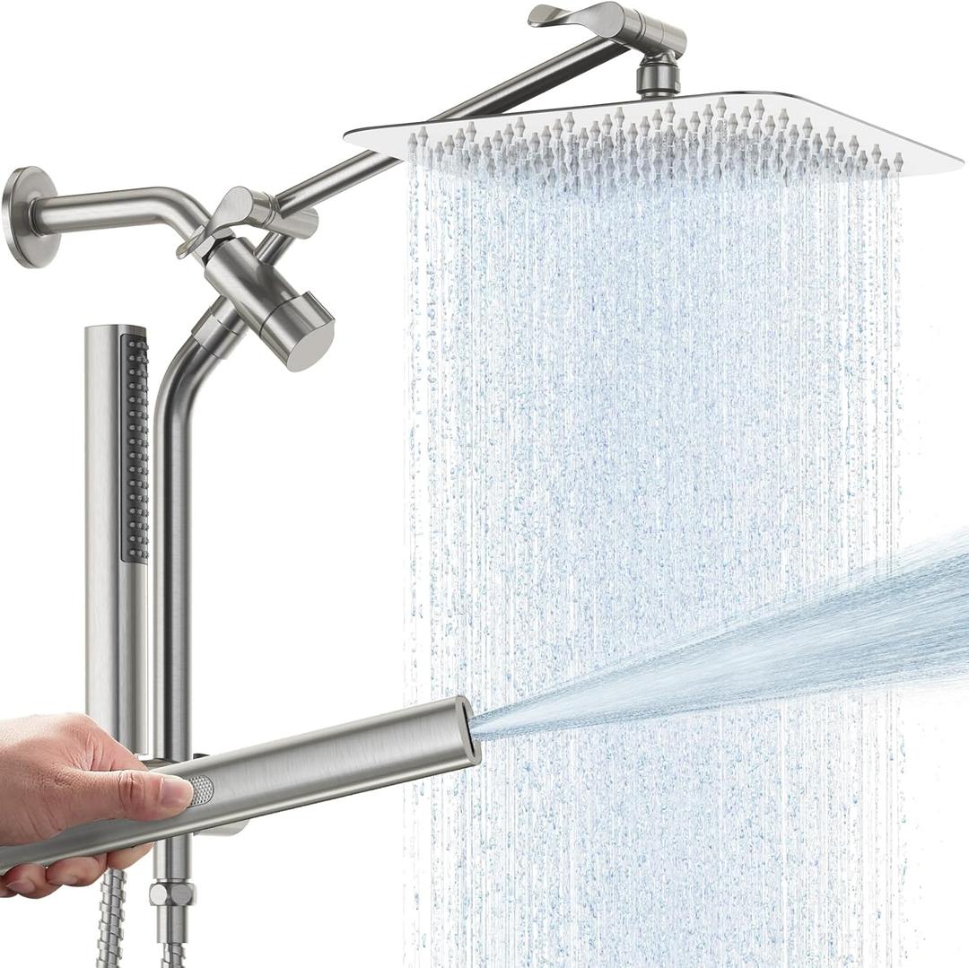 Veken Brushed Nickel Shower Head, 10'' All Metal Rain Shower Heads with Handheld Spray Combo, Hand Held Bathroom Combo with Extension Arm, Dual Shower with Power Wash, Adjustable Rainfall Showerhead